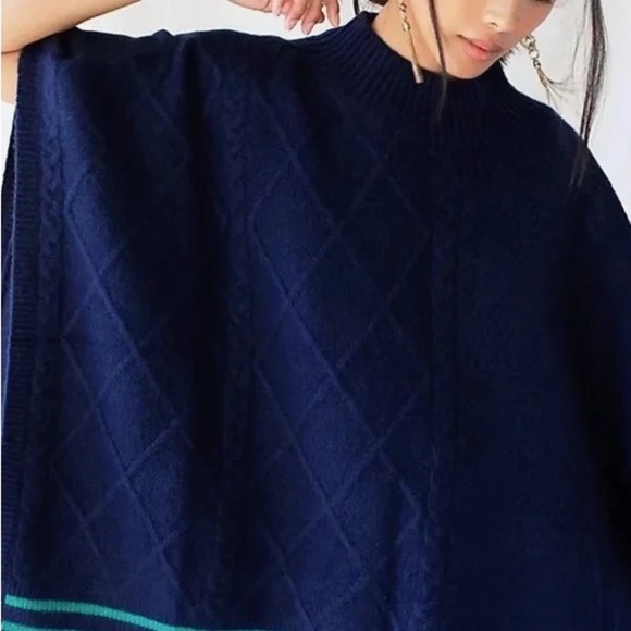 FREE PEOPLE Harbour Stripe Cable Poncho in Navy and Green One Size - Picture 3 of 11